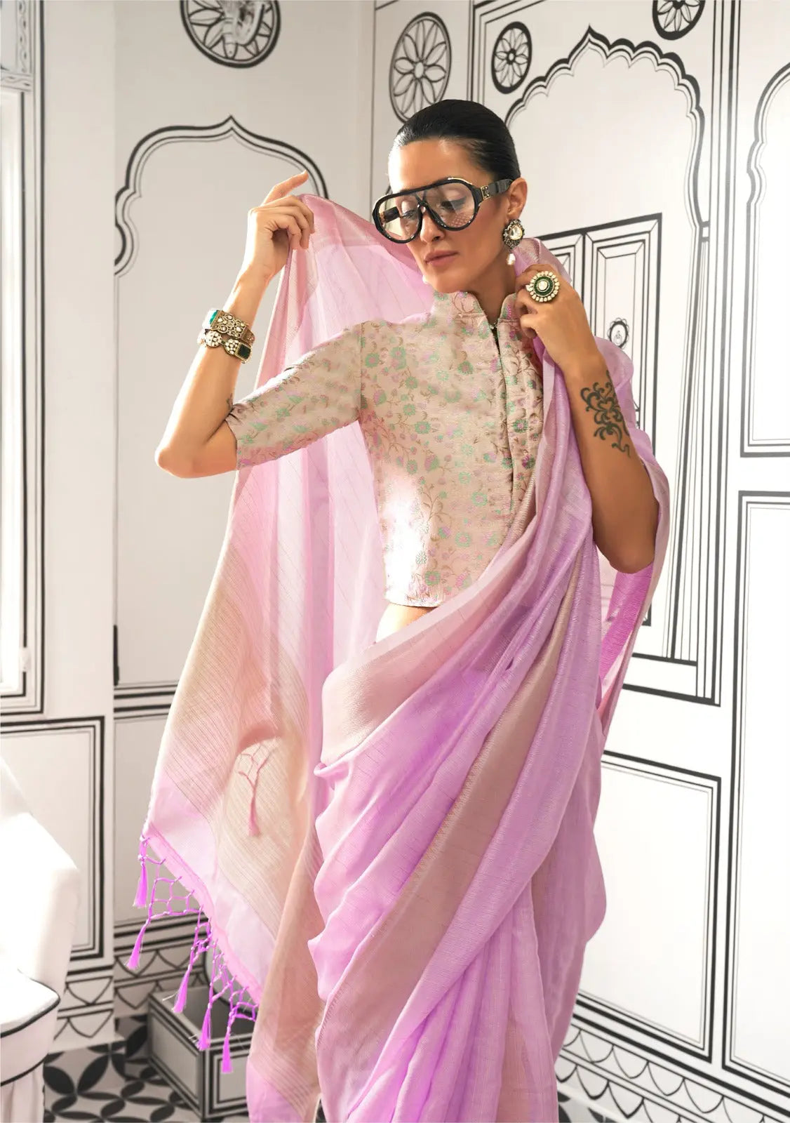 Lavender Zari Work Saree Indoor Elegant